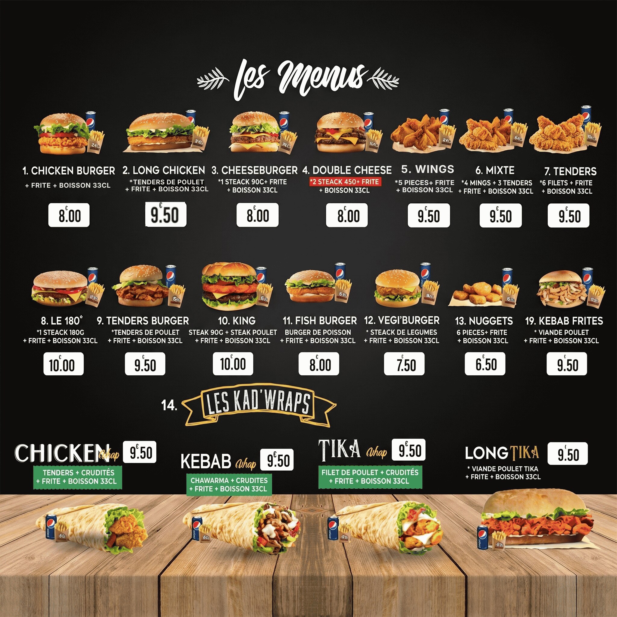 Carte des menus Kad' Chicken Street - burgers, wings, tenders, wraps