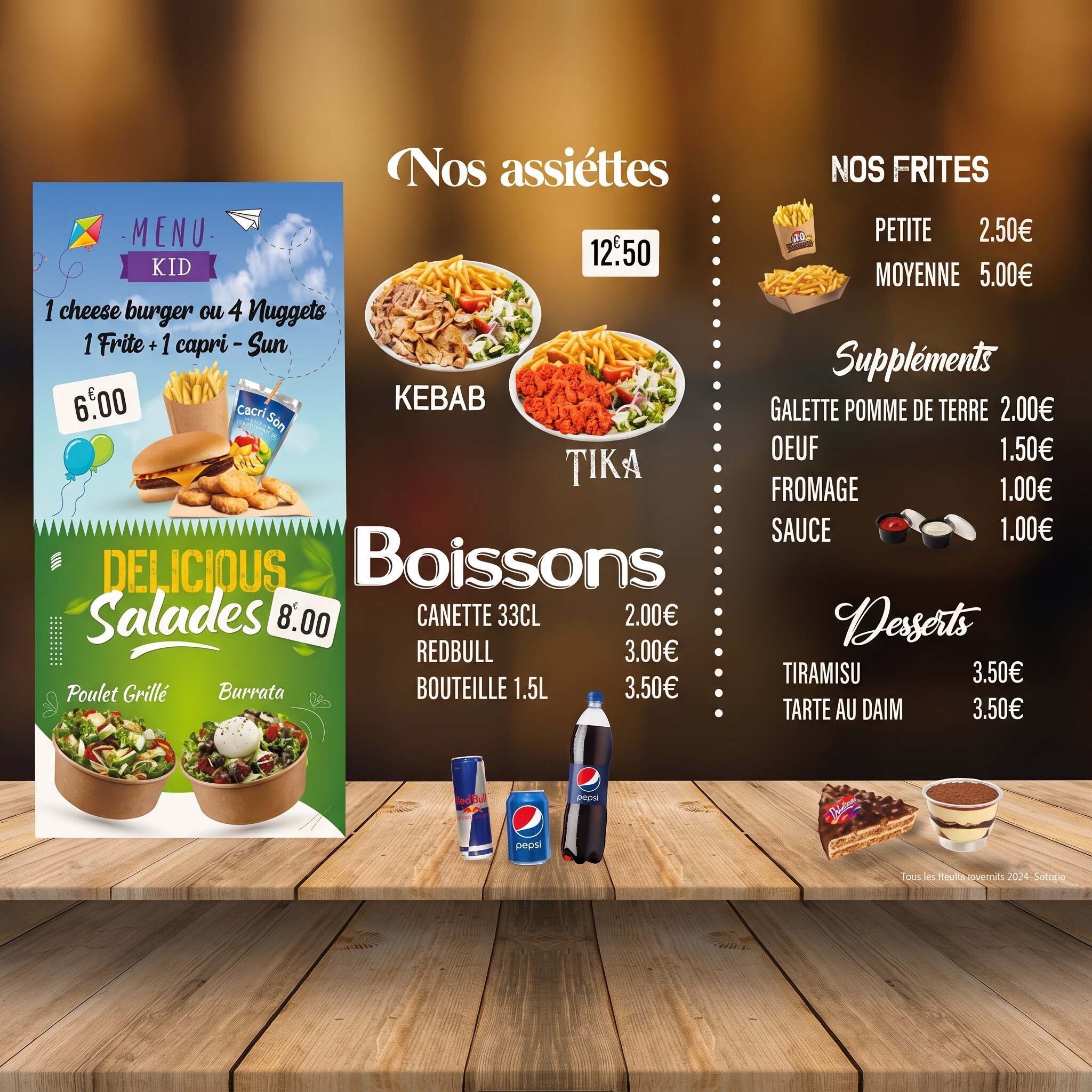 Assiettes, salades, desserts et boissons Kad' Chicken Street